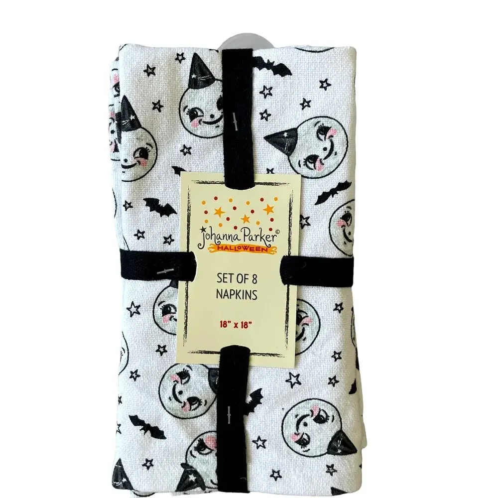 Johanna Parker Smiling Moon Halloween Cotton Napkins 18x18 Set of 8 New